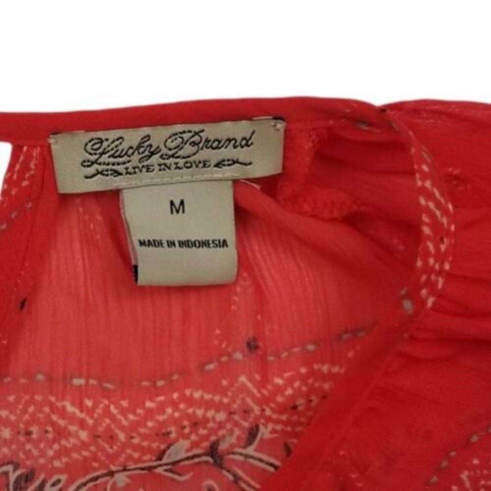 Lucky Brand Orange Blouse Medium Paisley Tie Neck Smocked Waist Top Boho Peasant - Picture 7 of 12